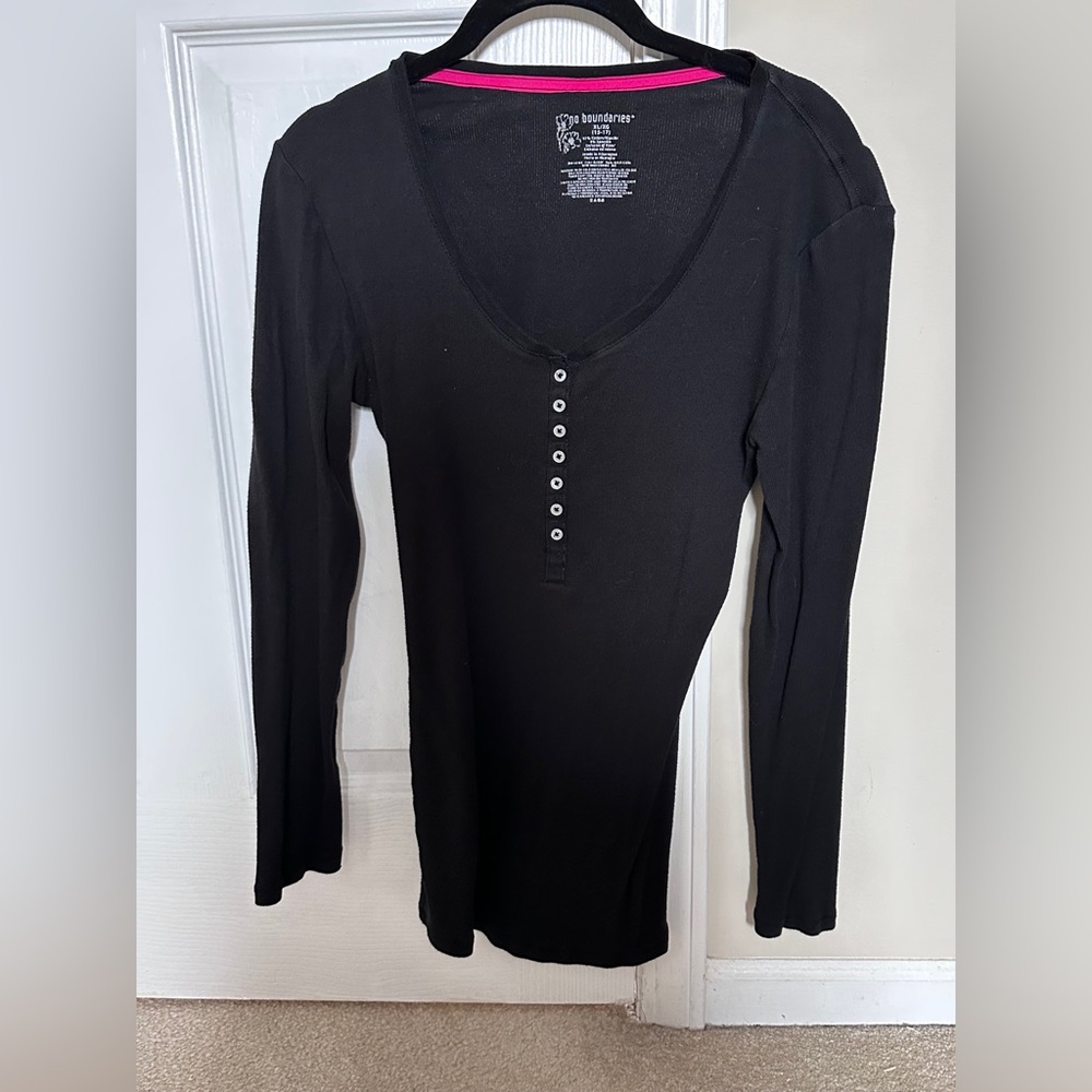 No Boundaries Black Long Sleeve Henley Button-Up Top